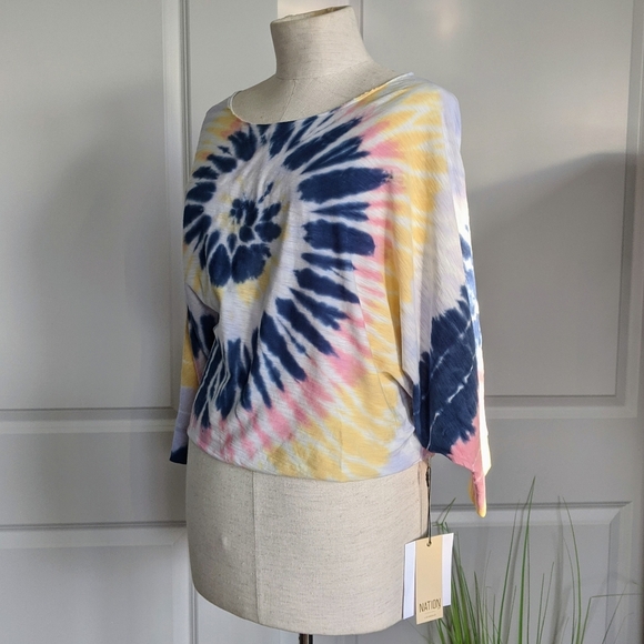 Nation LTD Top Crop Pima Cotton Spiral Tie Dye Elbow Length Batwing Multi L NWT - Picture 11 of 14